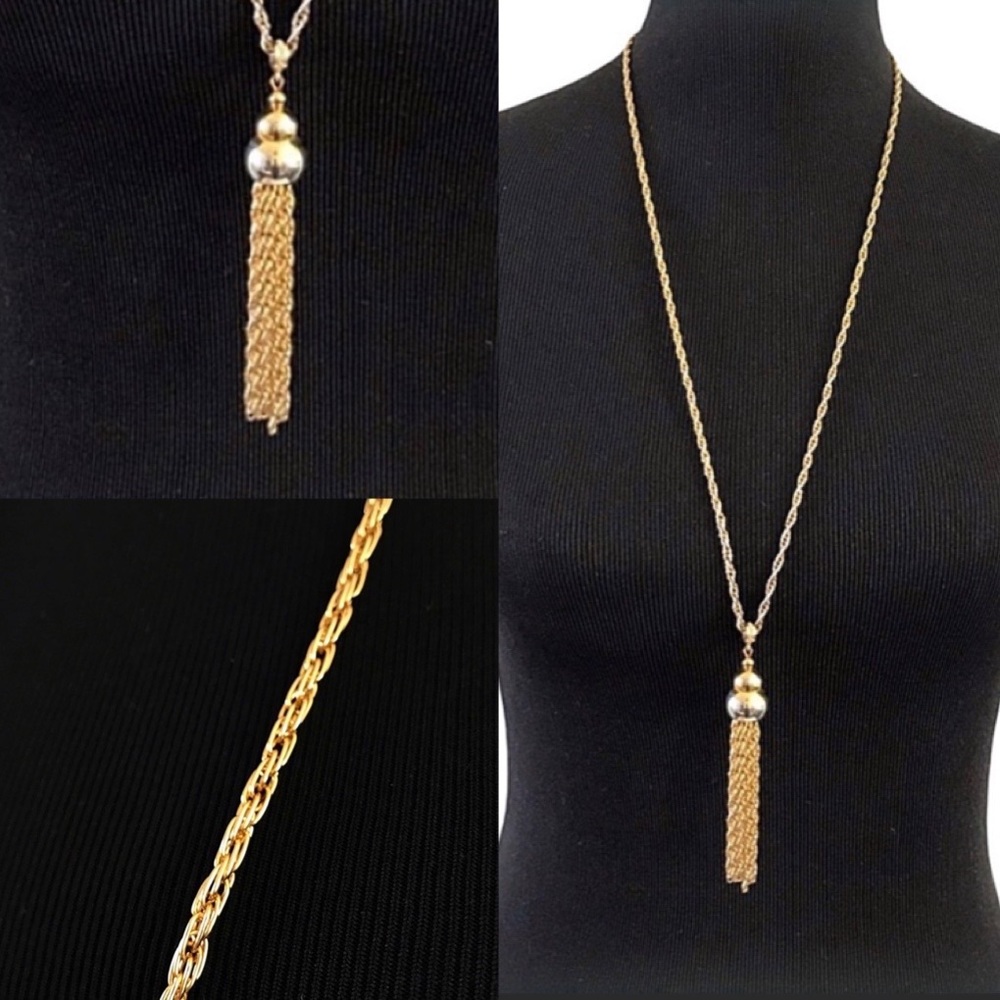 Vintage Monet Gold Tone Tassel Chic Statement Necklace With 30” Rope Chain